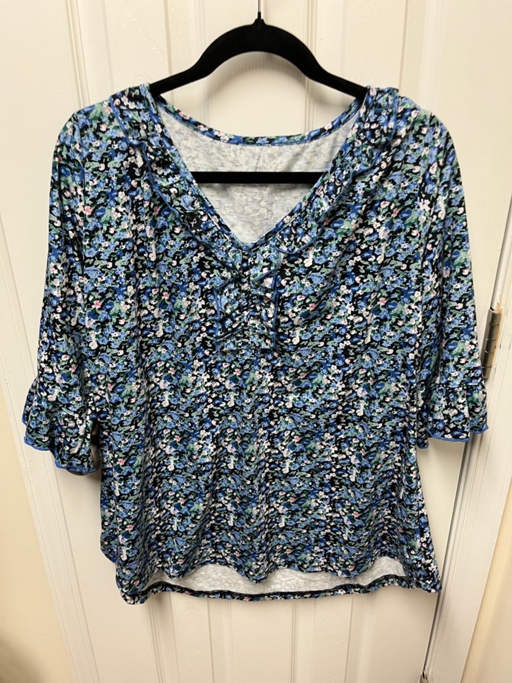 Amazon Blue Floral Lace-Up V-Neck Top